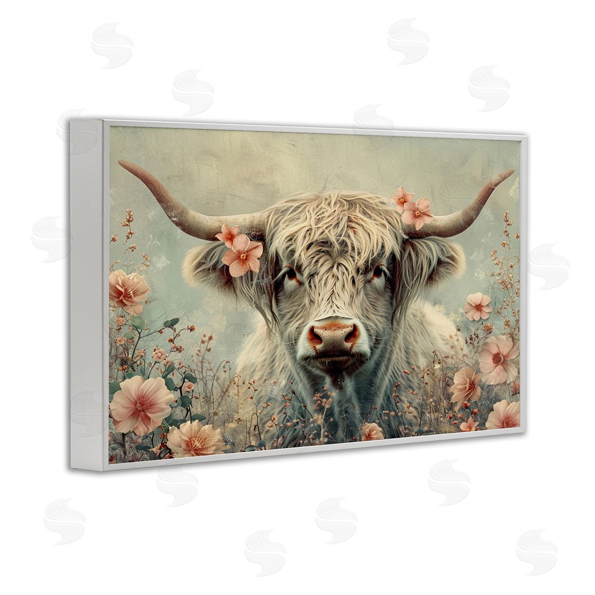 Cow with Cherry Blossoms White Frame Print Wall Art, Home Decor by LSR Design Studio