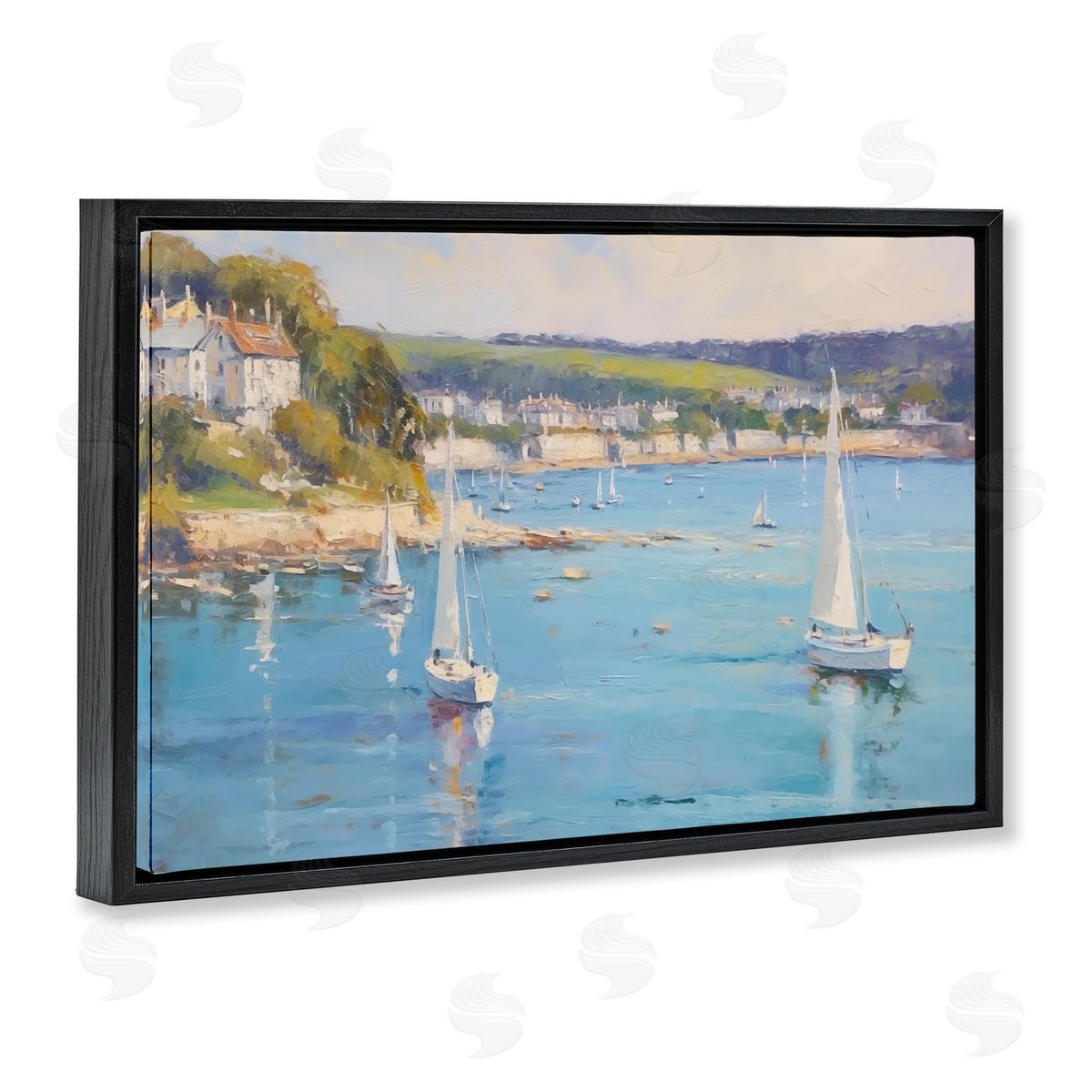 Sailboats Of The Shore Black Floating Frame Canvas Wall Art, Home Decor by LSR Design Studio