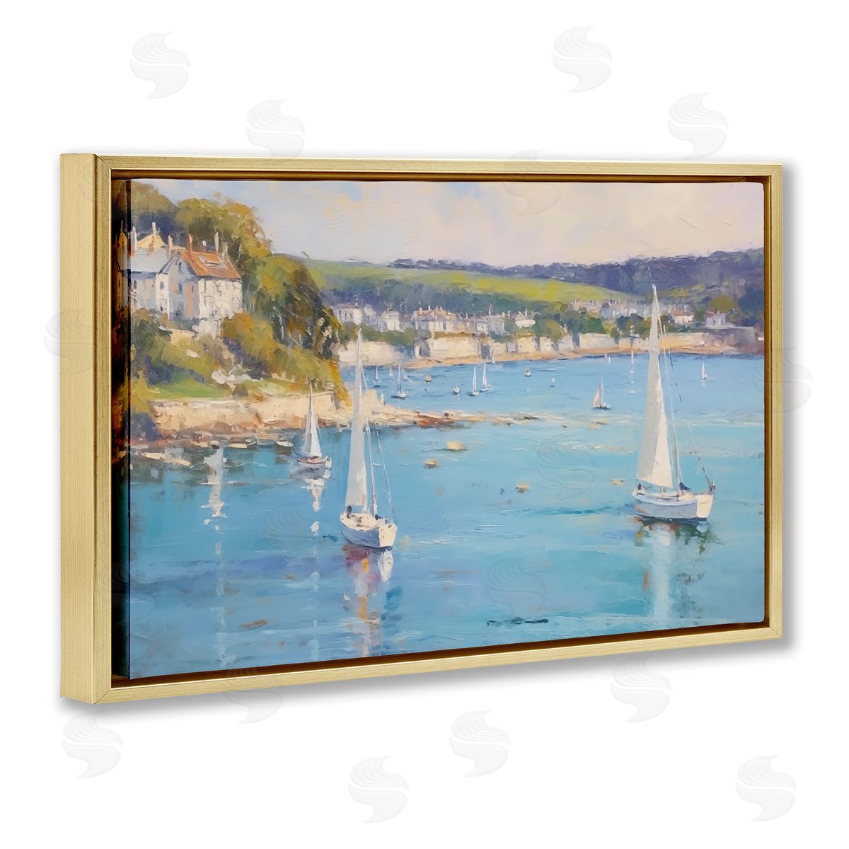 Sailboats Of The Shore Gold Floating Frame Canvas Wall Art, Home Decor by LSR Design Studio