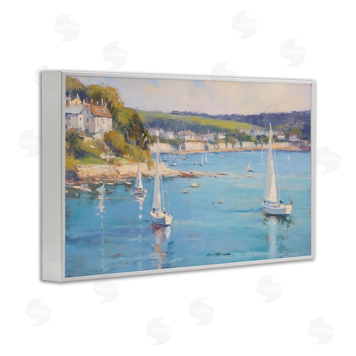 Sailboats Of The Shore White Frame Print Wall Art, Home Decor by LSR Design Studio