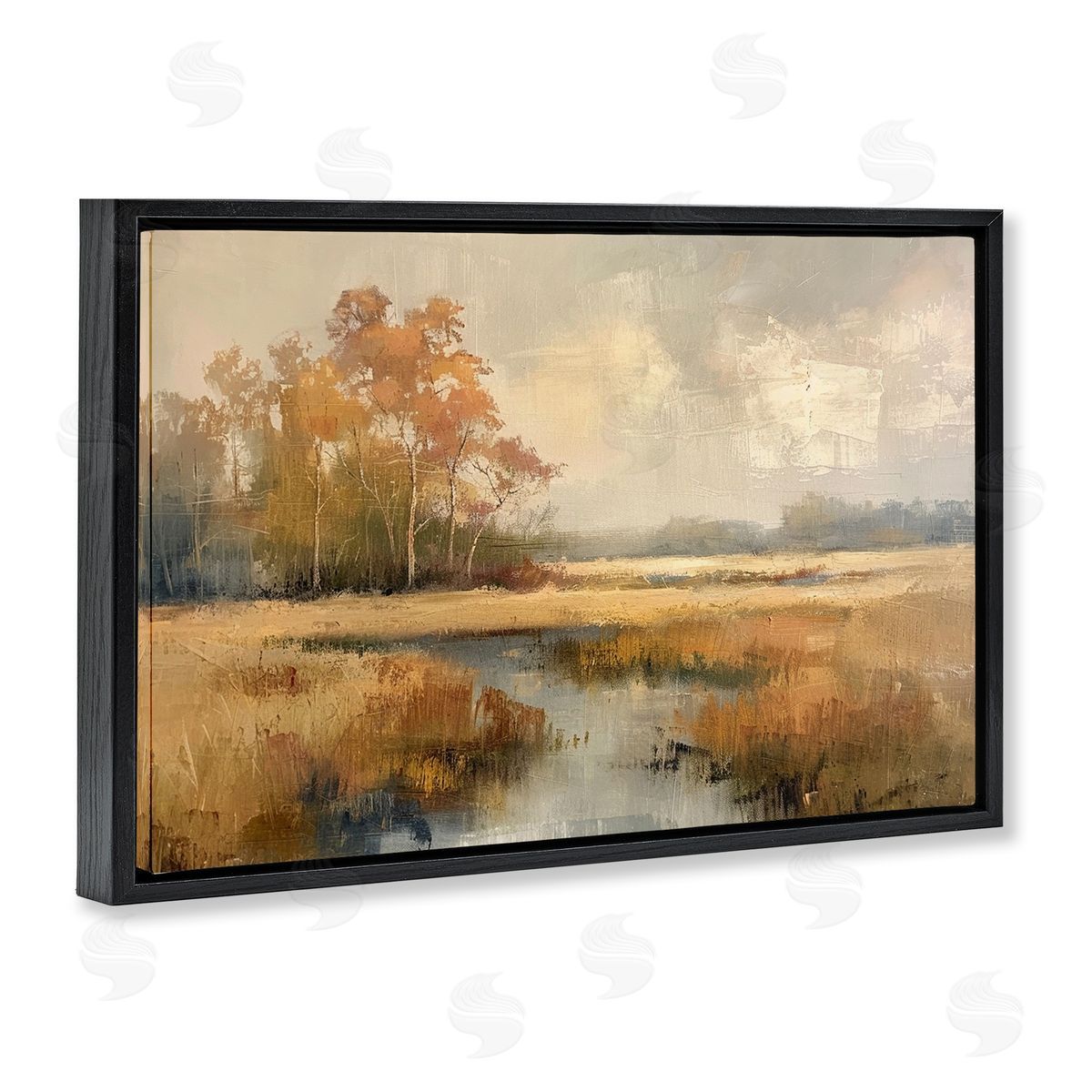 Autumn Stream Landscape Black Floating Frame Canvas Wall Art, Home Decor by LSR Design Studio