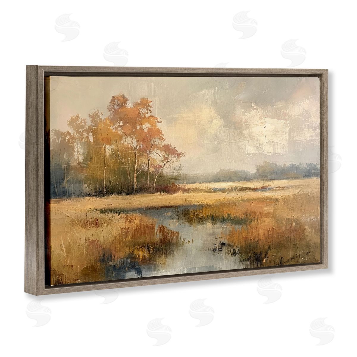 Autumn Stream Landscape Brown Floating Frame Canvas Wall Art, Home Decor by LSR Design Studio