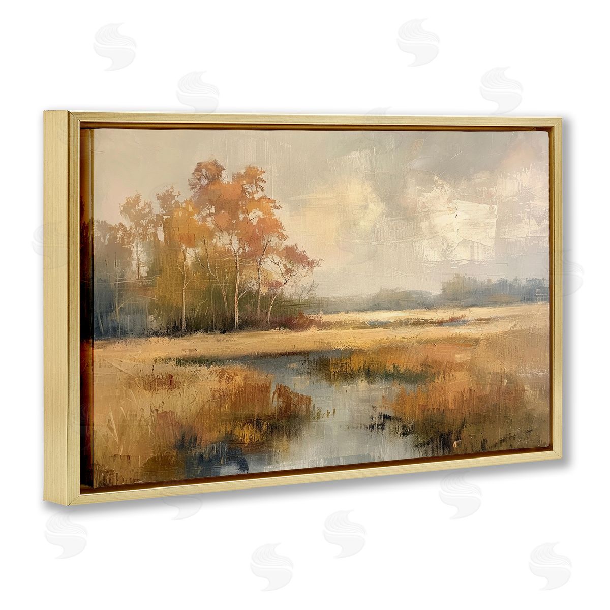 Autumn Stream Landscape Gold Floating Frame Canvas Wall Art, Home Decor by LSR Design Studio