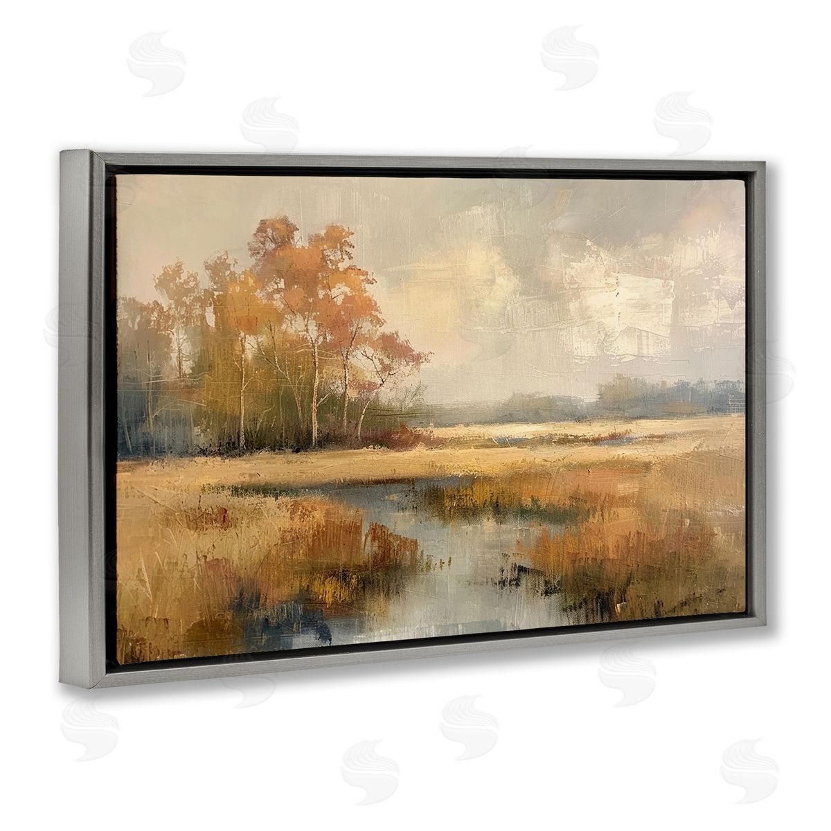 Autumn Stream Landscape Grey Floating Frame Canvas Wall Art, Home Decor by LSR Design Studio