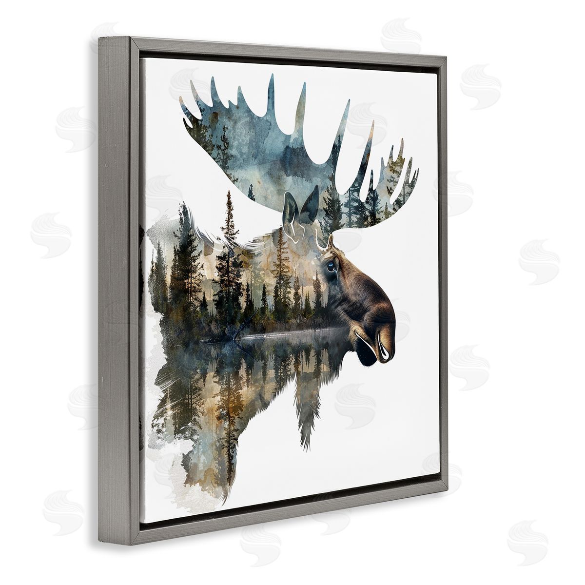 Moose Head Silhouette Grey Floating Frame Canvas Wall Art, Home Decor by LSR Design Studio