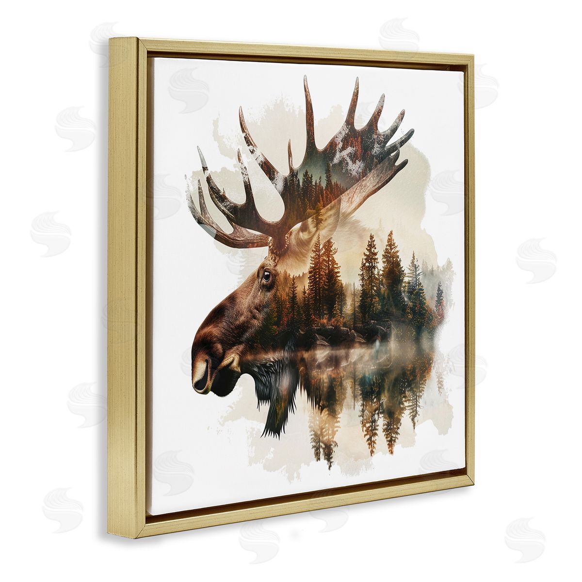 Moose Antlers Silhouette Gold Floating Frame Canvas Wall Art, Home Decor by LSR Design Studio