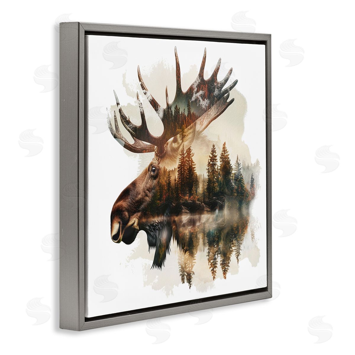 Moose Antlers Silhouette Grey Floating Frame Canvas Wall Art, Home Decor by LSR Design Studio