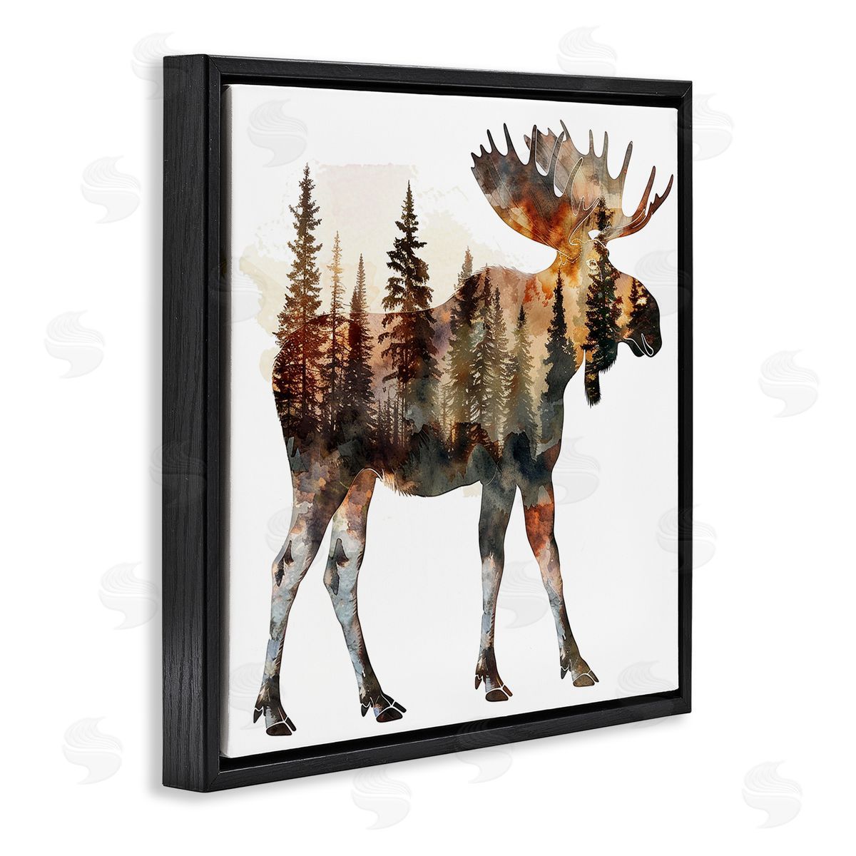 Moose Forest Silhouette Black Floating Frame Canvas Wall Art, Home Decor by LSR Design Studio