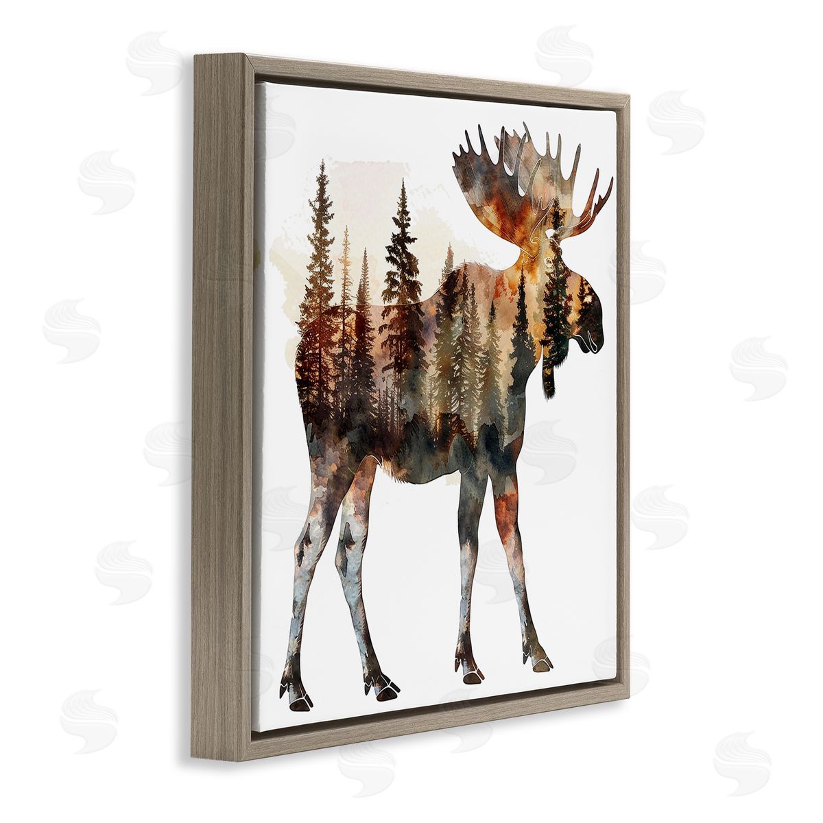 Moose Forest Silhouette Brown Floating Frame Canvas Wall Art, Home Decor by LSR Design Studio