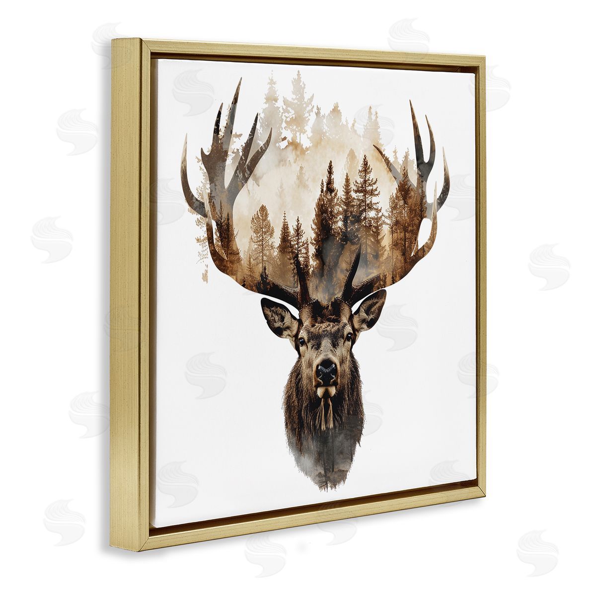 Deer Forest Silhouette Gold Floating Frame Canvas Wall Art, Home Decor by LSR Design Studio