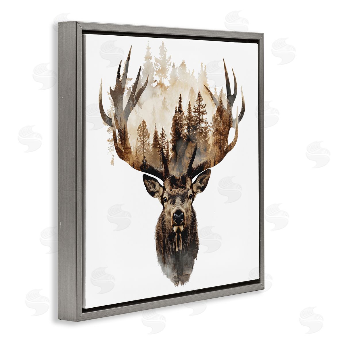 Deer Forest Silhouette Grey Floating Frame Canvas Wall Art, Home Decor by LSR Design Studio