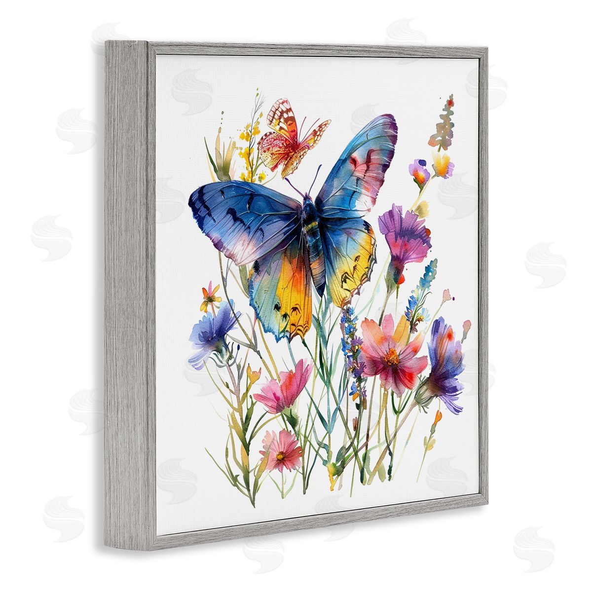 Blue Toned Butterfly Garden Grey Frame Print Wall Art, Home Decor by LSR Design Studio