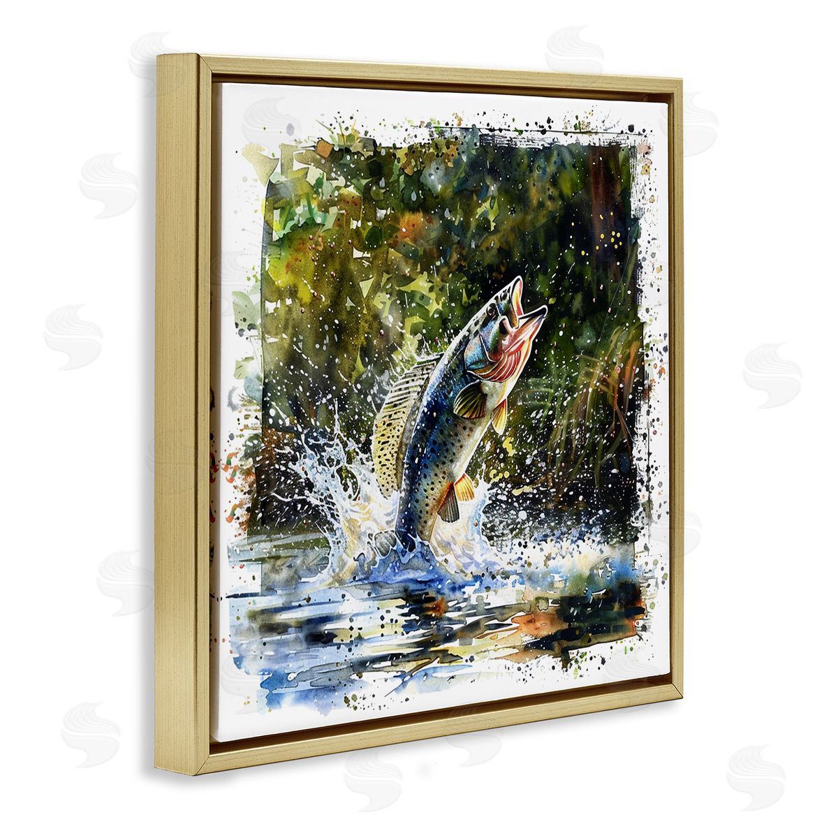 Splashing Lake Bass Gold Floating Frame Canvas Wall Art, Home Decor by LSR Design Studio