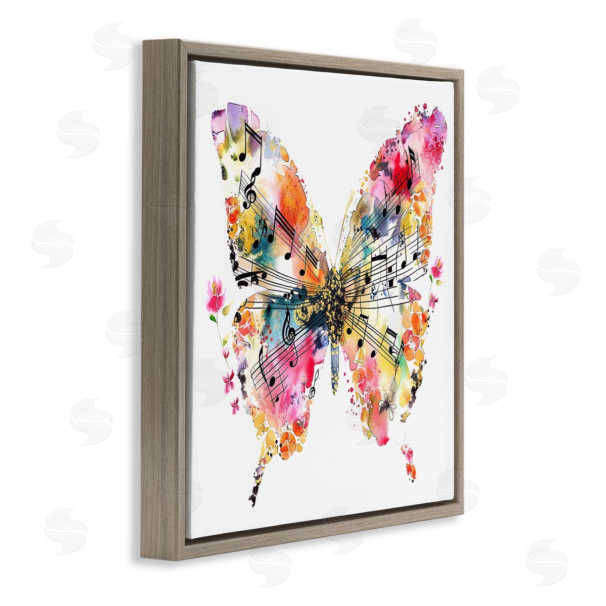 Butterfly & Music Notes Brown Floating Frame Canvas Wall Art, Home Decor by LSR Design Studio