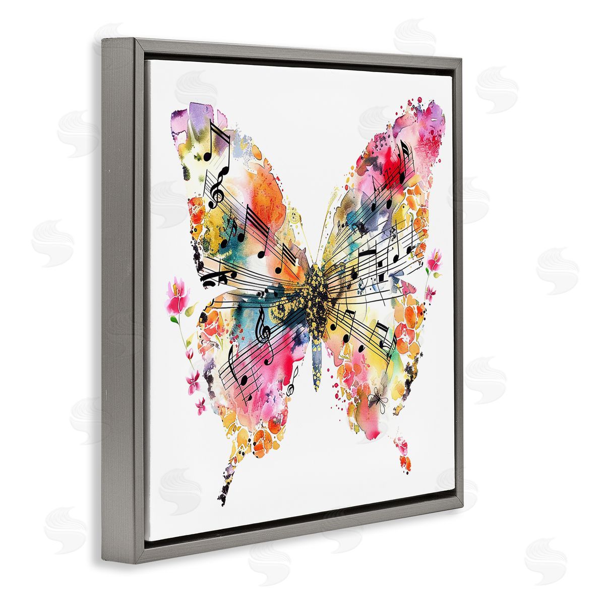 Butterfly & Music Notes Grey Floating Frame Canvas Wall Art, Home Decor by LSR Design Studio