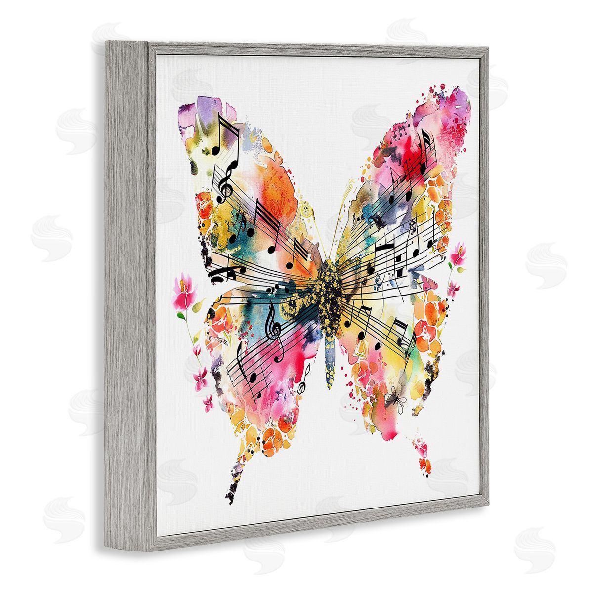 Butterfly & Music Notes Grey Frame Print Wall Art, Home Decor by LSR Design Studio
