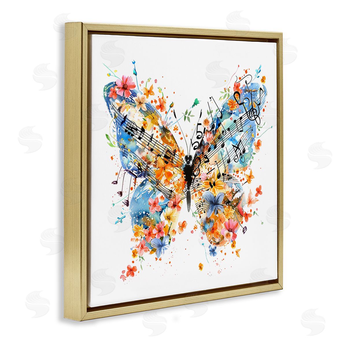 Song Notes Butterfly Gold Floating Frame Canvas Wall Art, Home Decor by LSR Design Studio