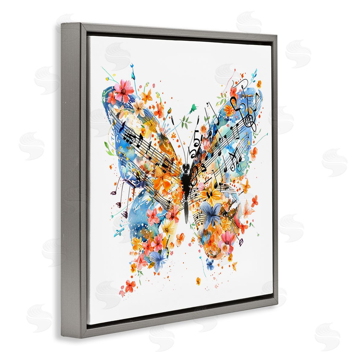 Song Notes Butterfly Grey Floating Frame Canvas Wall Art, Home Decor by LSR Design Studio