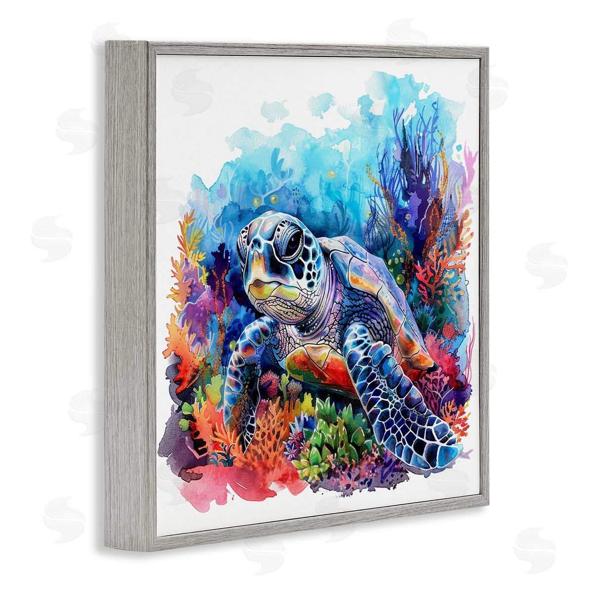 Undersea Turtle & Coral Grey Frame Print Wall Art, Home Decor by LSR Design Studio