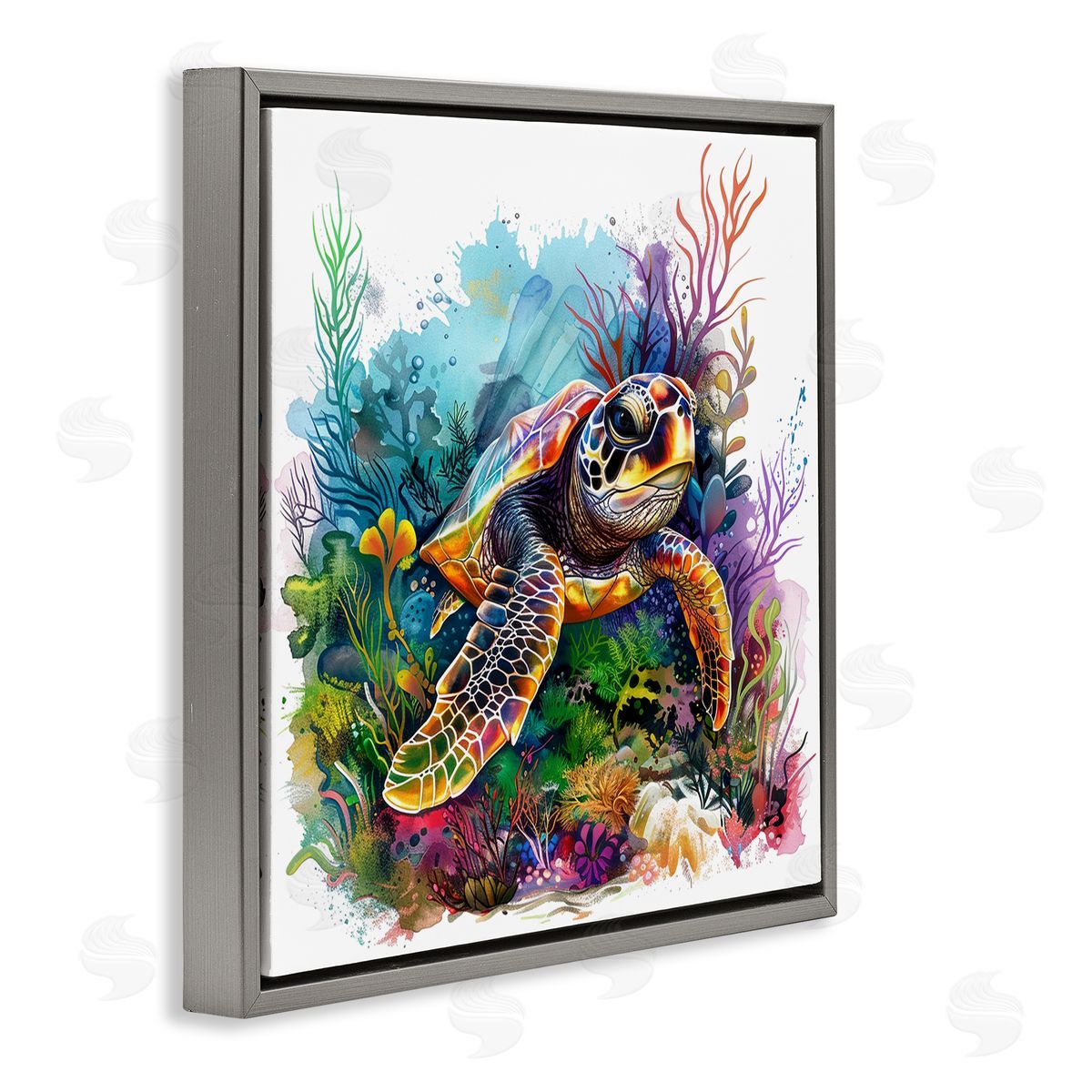 Coral & Sea Life Turtle Grey Floating Frame Canvas Wall Art, Home Decor by LSR Design Studio
