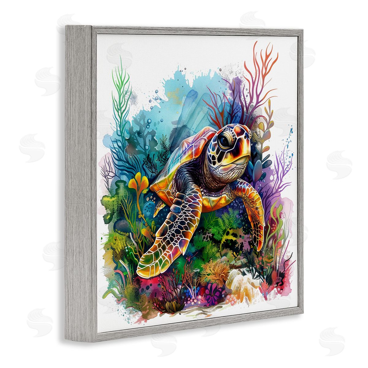 Coral & Sea Life Turtle Grey Frame Print Wall Art, Home Decor by LSR Design Studio
