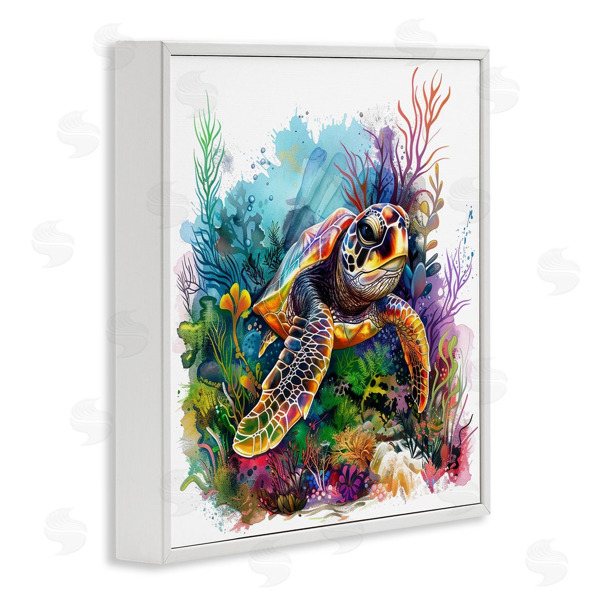 Coral & Sea Life Turtle White Frame Print Wall Art, Home Decor by LSR Design Studio
