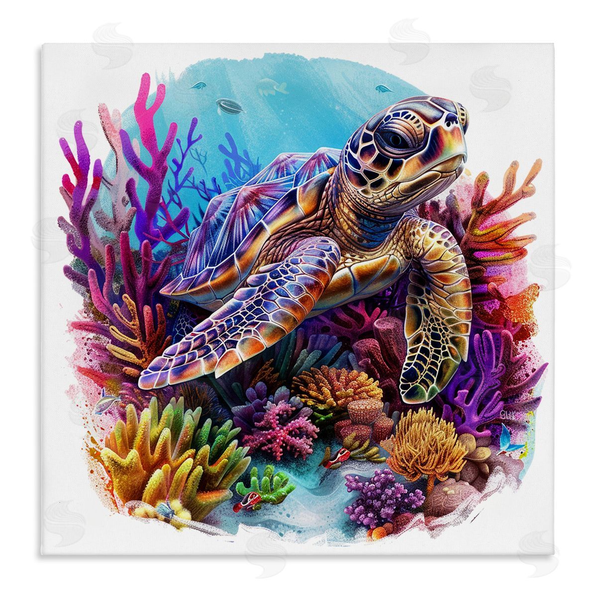 Turtle & Purple Coral Canvas Wall Art, Home Decor by LSR Design Studio
