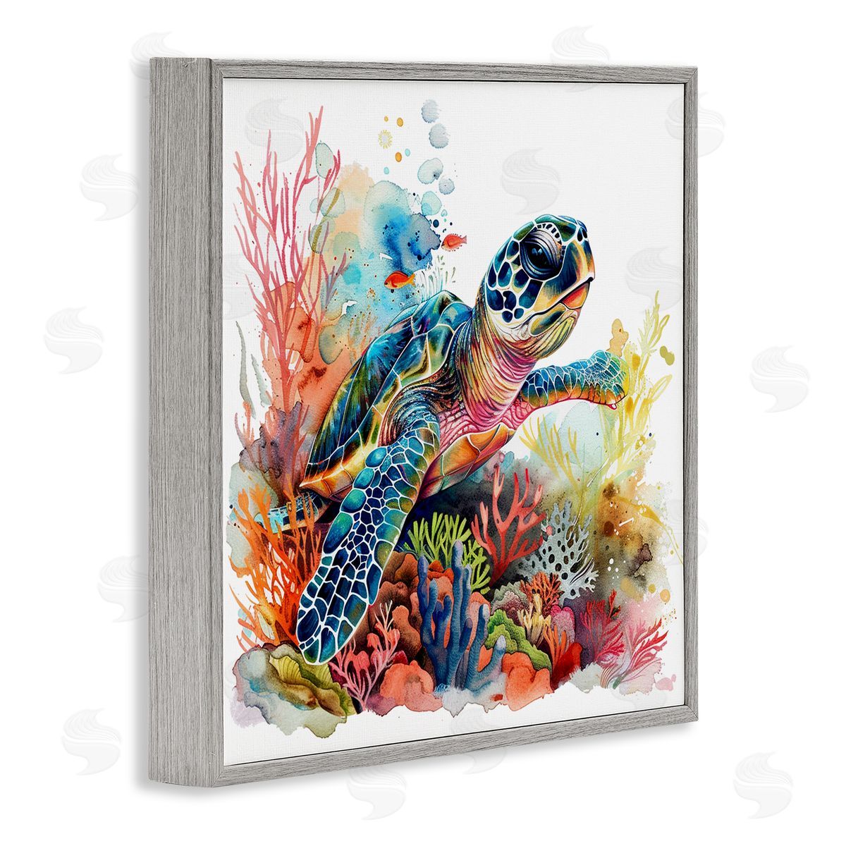 Swimming Turtle Undersea Grey Frame Print Wall Art, Home Decor by LSR Design Studio