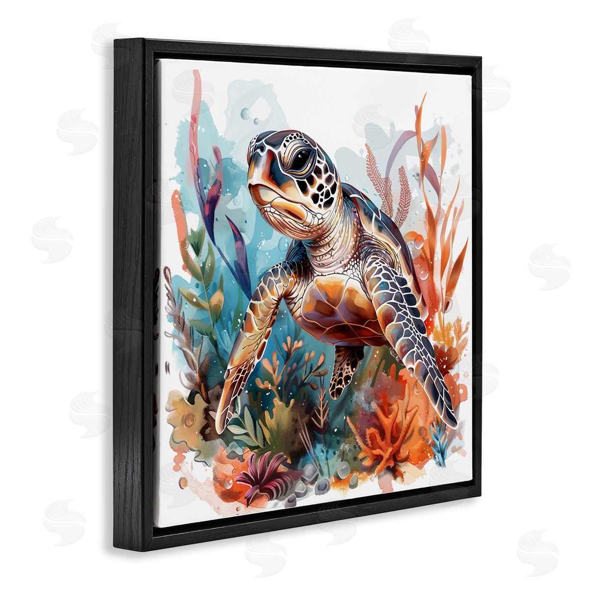 Drifting Sea Turtle Black Floating Frame Canvas Wall Art, Home Decor by LSR Design Studio