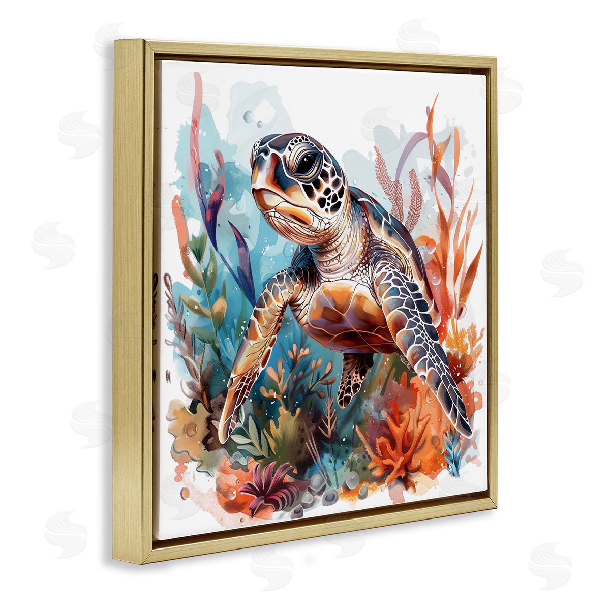 Drifting Sea Turtle Gold Floating Frame Canvas Wall Art, Home Decor by LSR Design Studio
