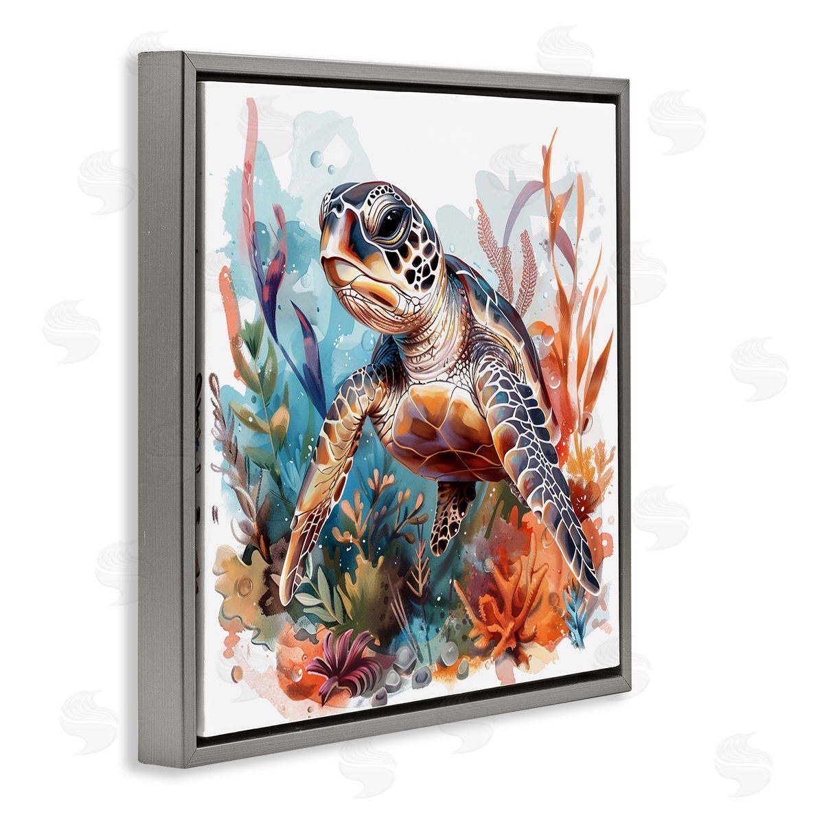 Drifting Sea Turtle Grey Floating Frame Canvas Wall Art, Home Decor by LSR Design Studio