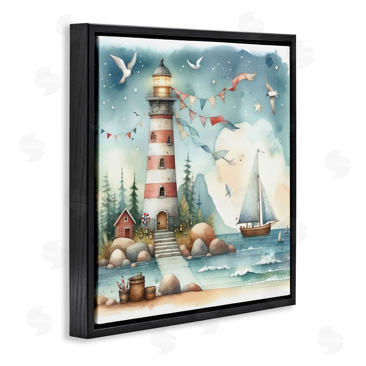 Whimsical Lighthouse & Birds Black Floating Frame Canvas Wall Art, Home Decor by LSR Design Studio