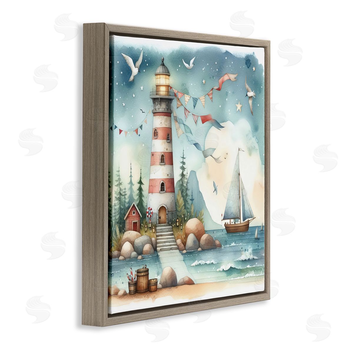 Whimsical Lighthouse & Birds Brown Floating Frame Canvas Wall Art, Home Decor by LSR Design Studio
