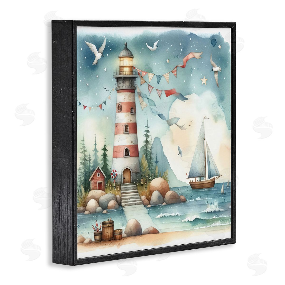 Whimsical Lighthouse & Birds Black Frame Print Wall Art, Home Decor by LSR Design Studio