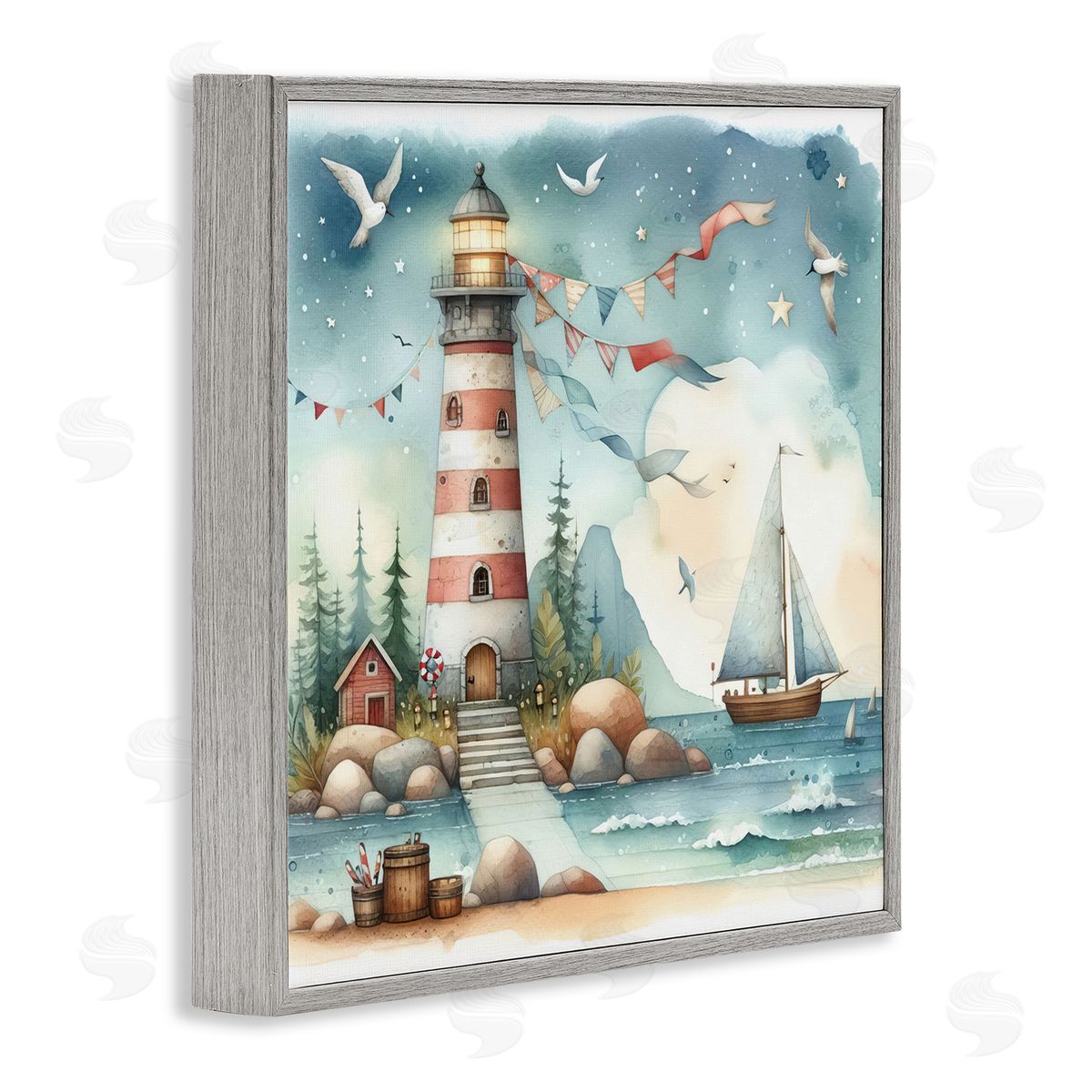 Whimsical Lighthouse & Birds Grey Frame Print Wall Art, Home Decor by LSR Design Studio