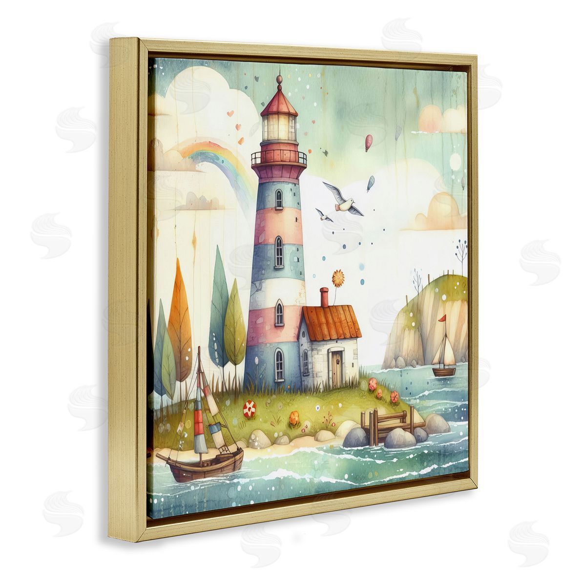 Lighthouse Cottage Scenery Gold Floating Frame Canvas Wall Art, Home Decor by LSR Design Studio