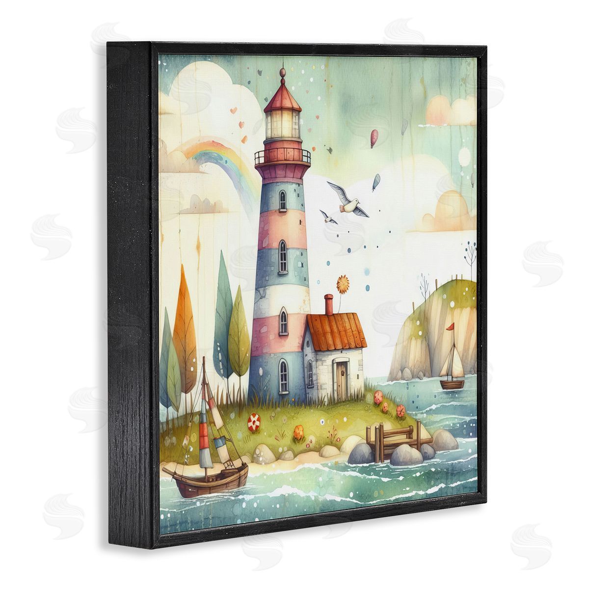 Lighthouse Cottage Scenery Black Frame Print Wall Art, Home Decor by LSR Design Studio