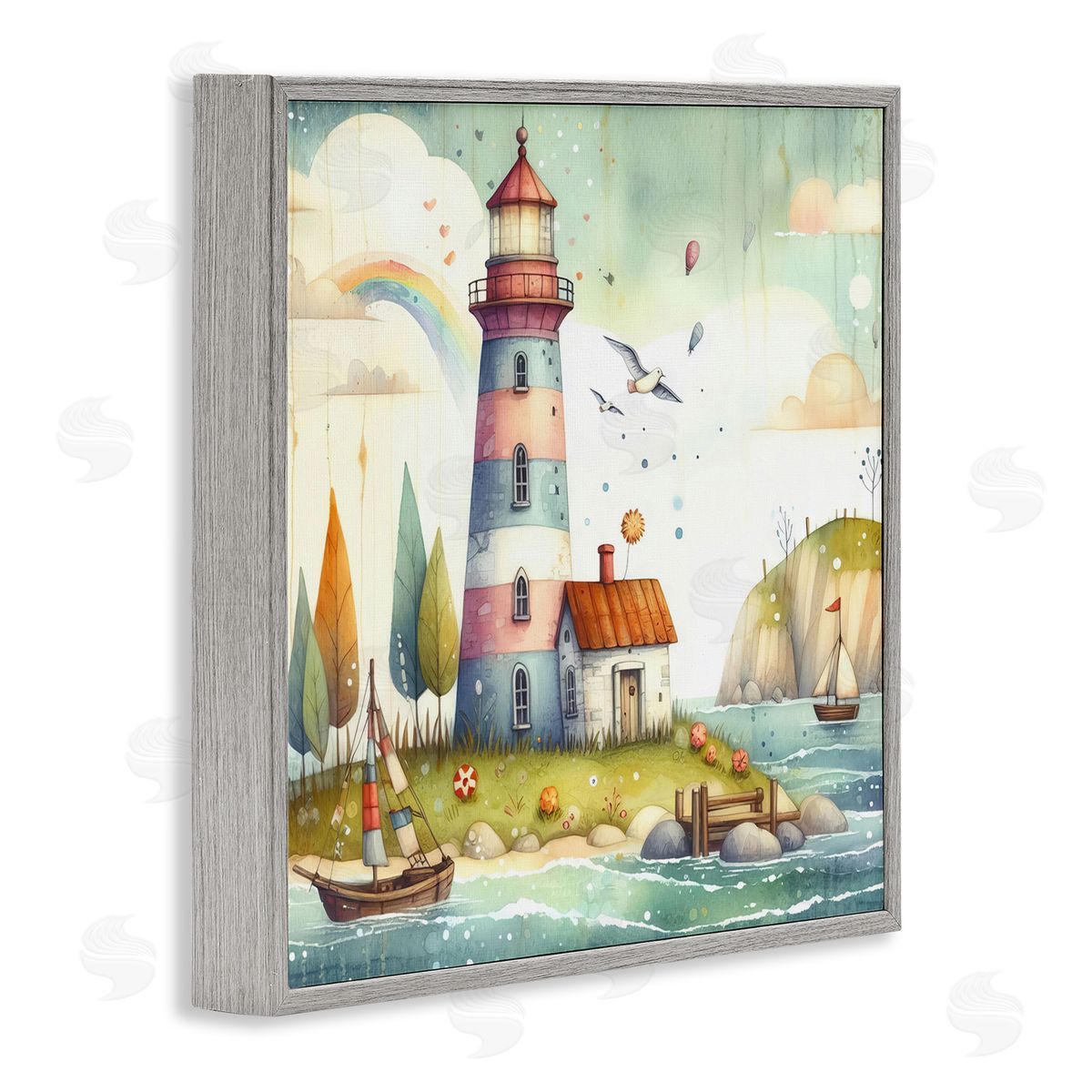 Lighthouse Cottage Scenery Grey Frame Print Wall Art, Home Decor by LSR Design Studio