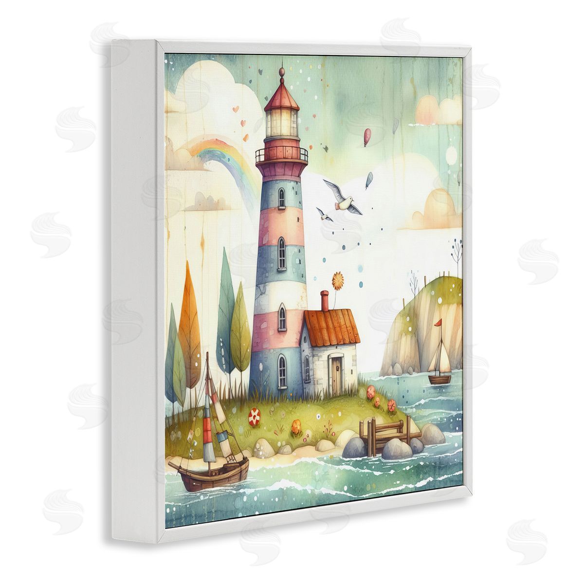 Lighthouse Cottage Scenery White Frame Print Wall Art, Home Decor by LSR Design Studio