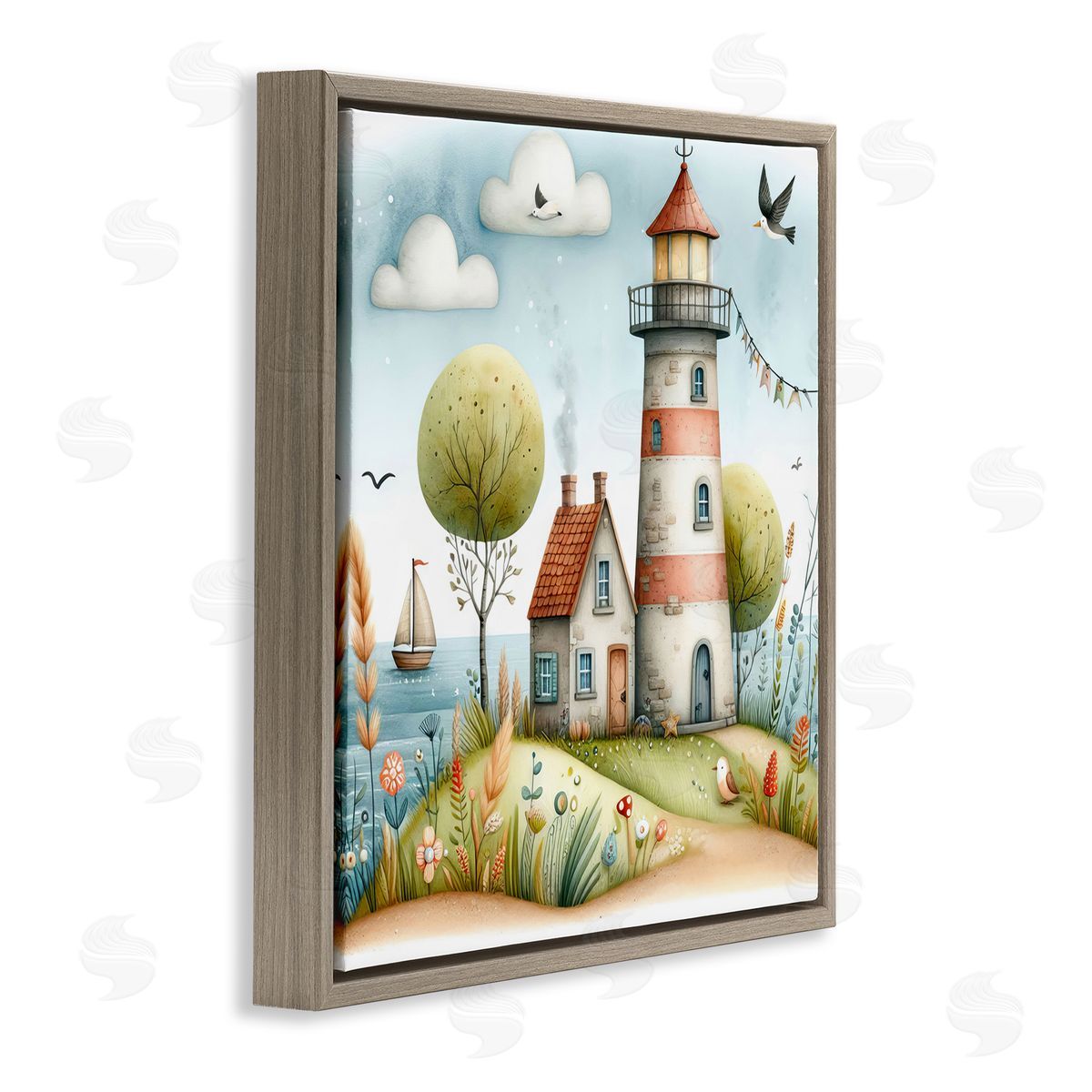 Nautical Lighthouse Whimsy Brown Floating Frame Canvas Wall Art, Home Decor by LSR Design Studio