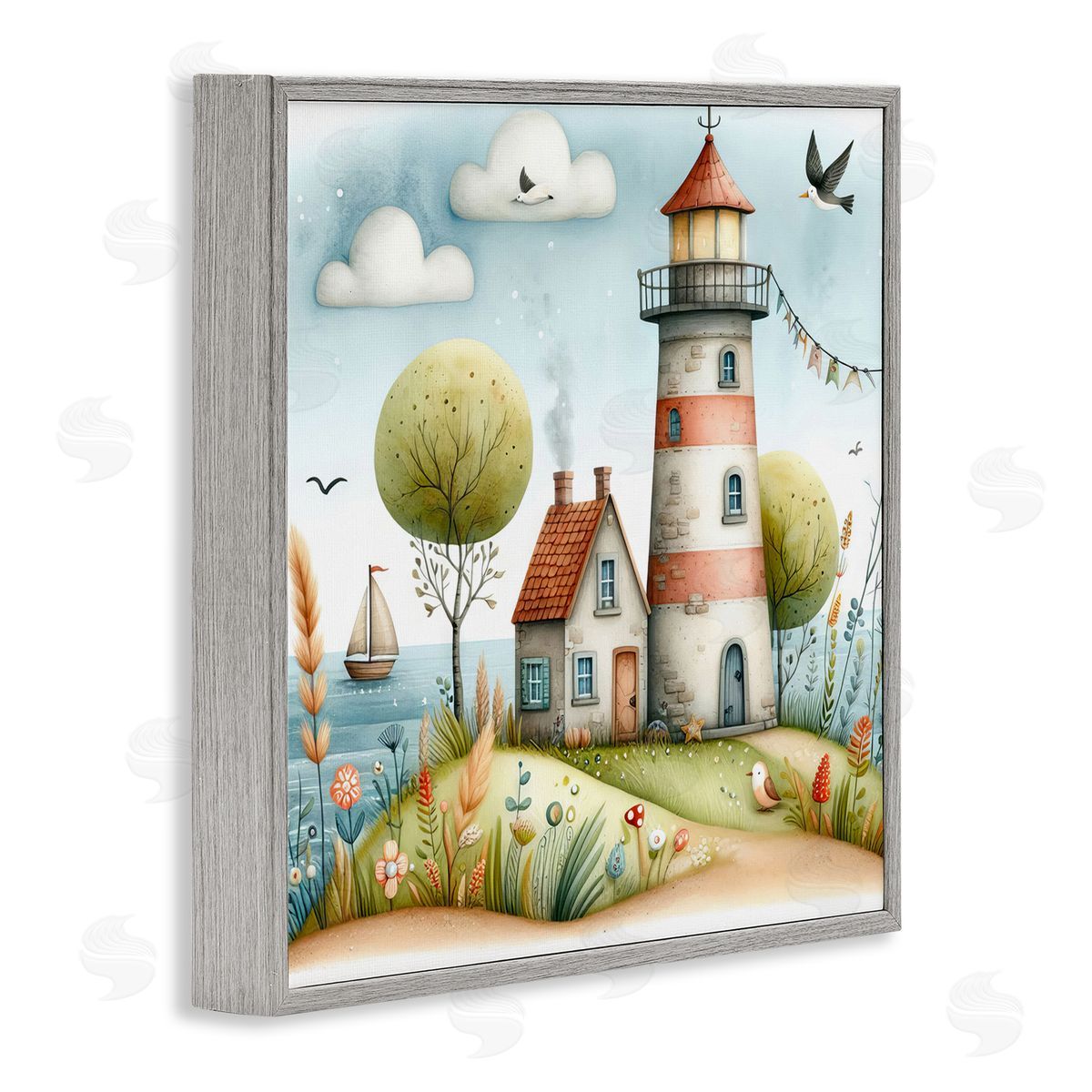 Nautical Lighthouse Whimsy Grey Frame Print Wall Art, Home Decor by LSR Design Studio