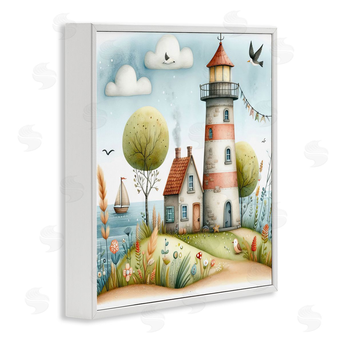 Nautical Lighthouse Whimsy White Frame Print Wall Art, Home Decor by LSR Design Studio