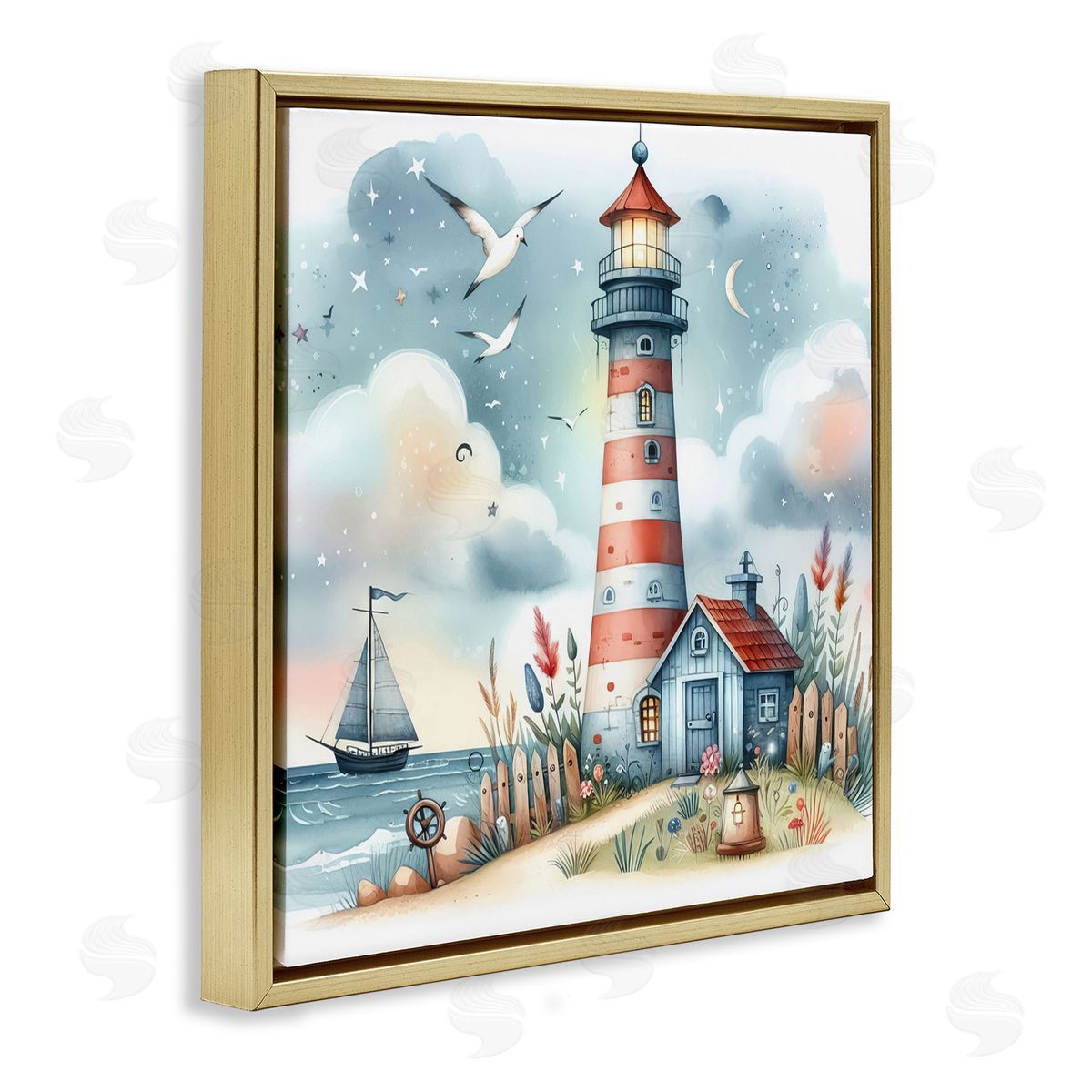 Fun Maritime Lighthouse Gold Floating Frame Canvas Wall Art, Home Decor by LSR Design Studio
