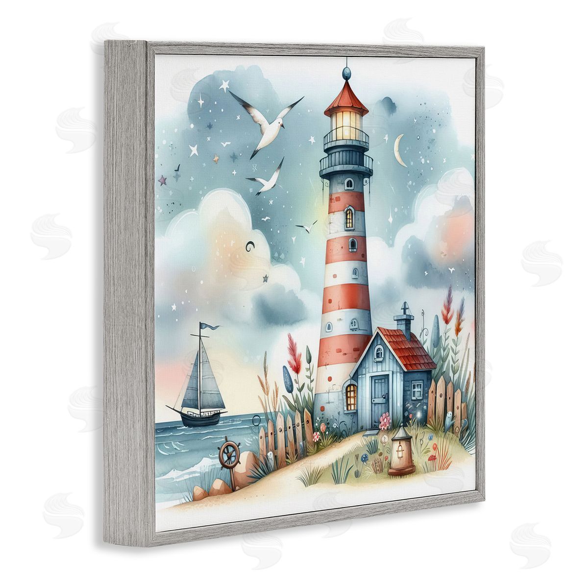 Fun Maritime Lighthouse Grey Frame Print Wall Art, Home Decor by LSR Design Studio