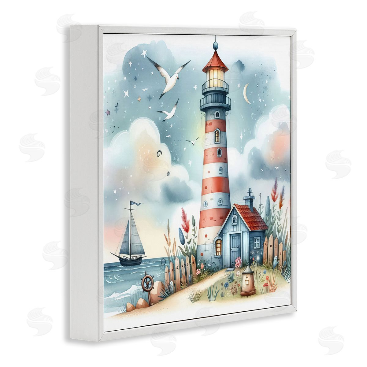 Fun Maritime Lighthouse White Frame Print Wall Art, Home Decor by LSR Design Studio