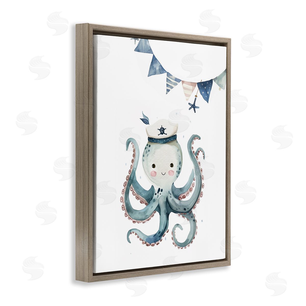 Cute Octopus Sailor Brown Floating Frame Canvas Wall Art, Home Decor by LSR Design Studio