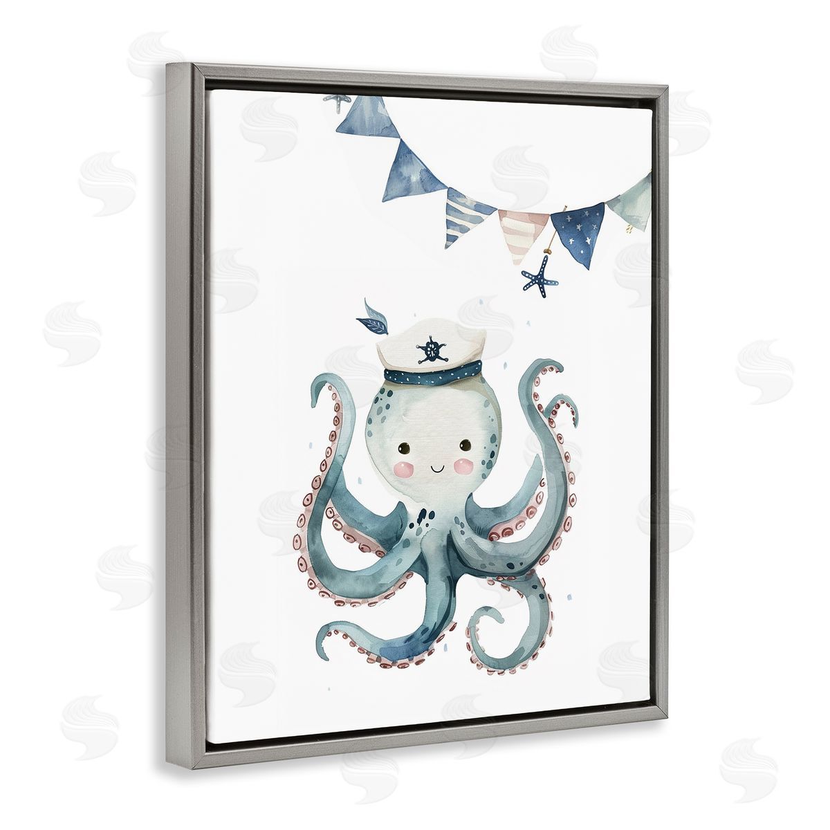 Cute Octopus Sailor Grey Floating Frame Canvas Wall Art, Home Decor by LSR Design Studio