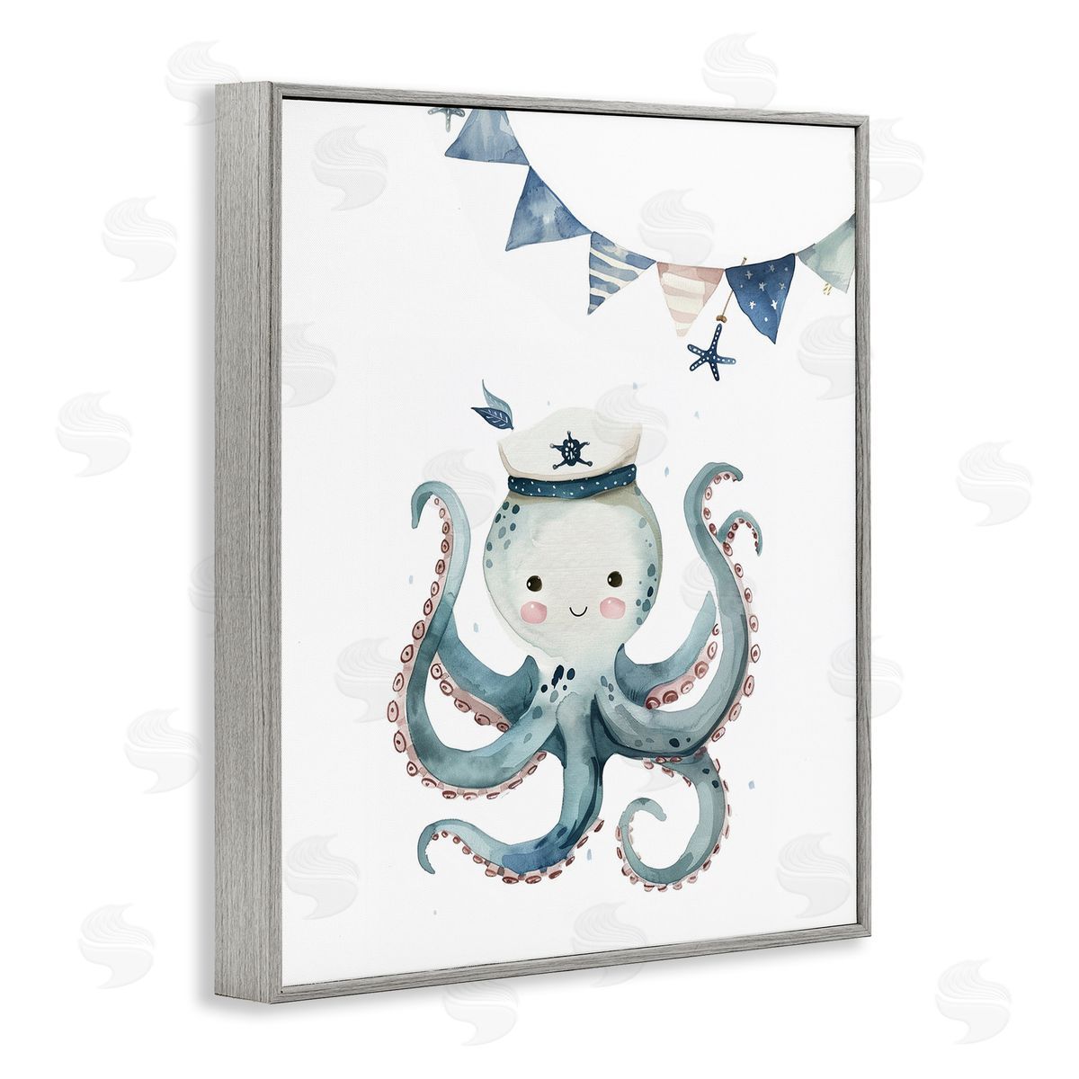 Cute Octopus Sailor Grey Frame Print Wall Art, Home Decor by LSR Design Studio