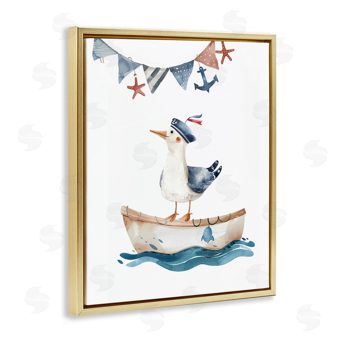 Cute Sailor Seagull Gold Floating Frame Canvas Wall Art, Home Decor by LSR Design Studio