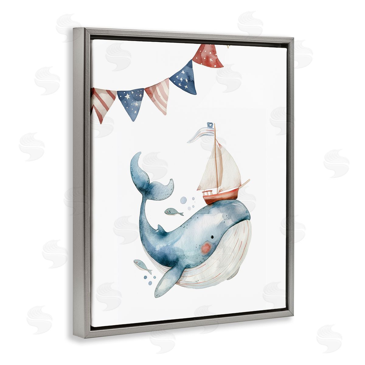 Cute Sailor Whale Grey Floating Frame Canvas Wall Art, Home Decor by LSR Design Studio